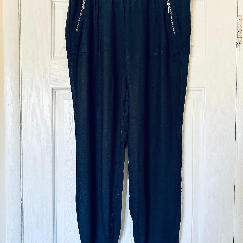 Cato Linen-Look Rayon Ankle Pants Navy blue Size L Elastic Back Zipper Pockets